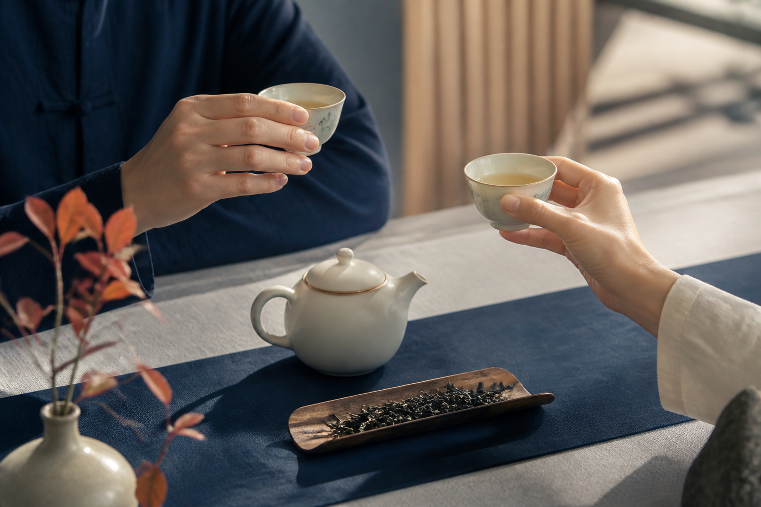 Two people sharing Chinese tea at a contemporary tea table