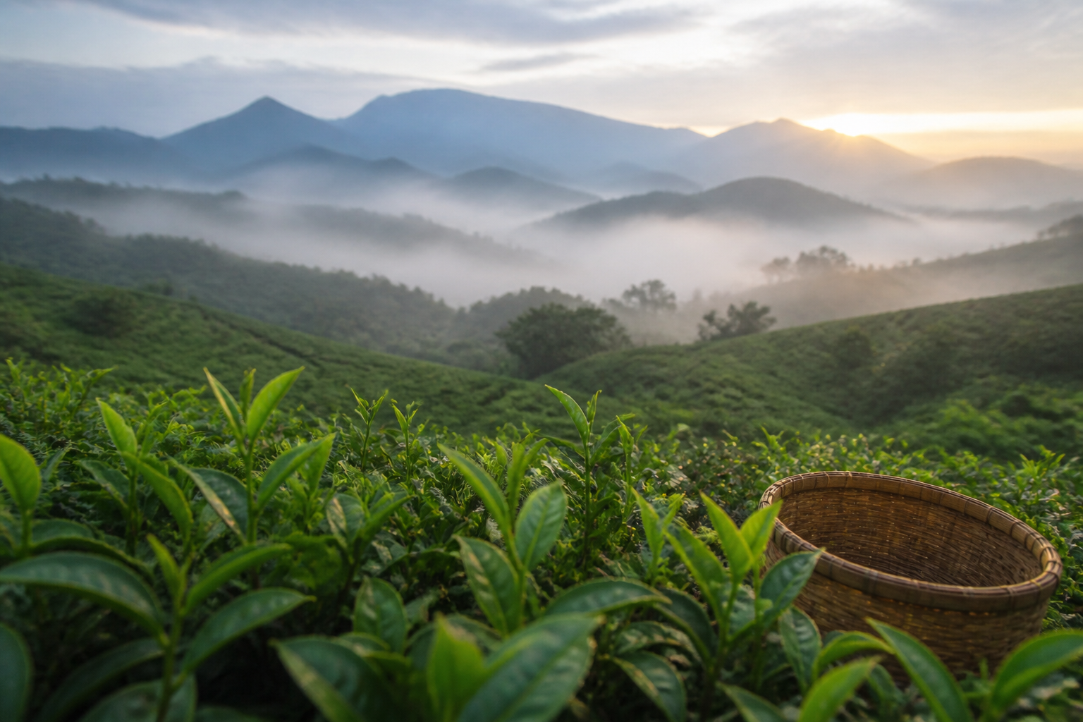 Misty tea slopes and fresh tea leaves at dawn